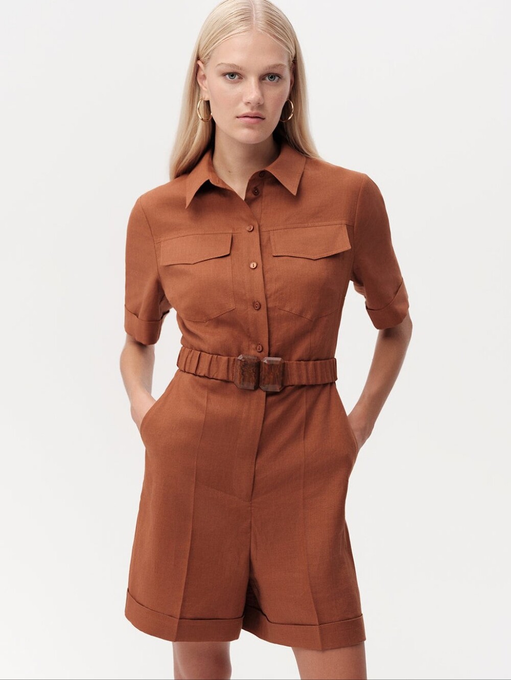 BN Exquise brown tan Carole shirt collar belted linen jumpsuit romper